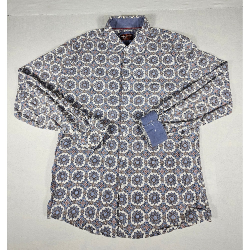 Consequence Mens Large Blue White Mosaic Medallion Print‎ Button Down Shirt L/S